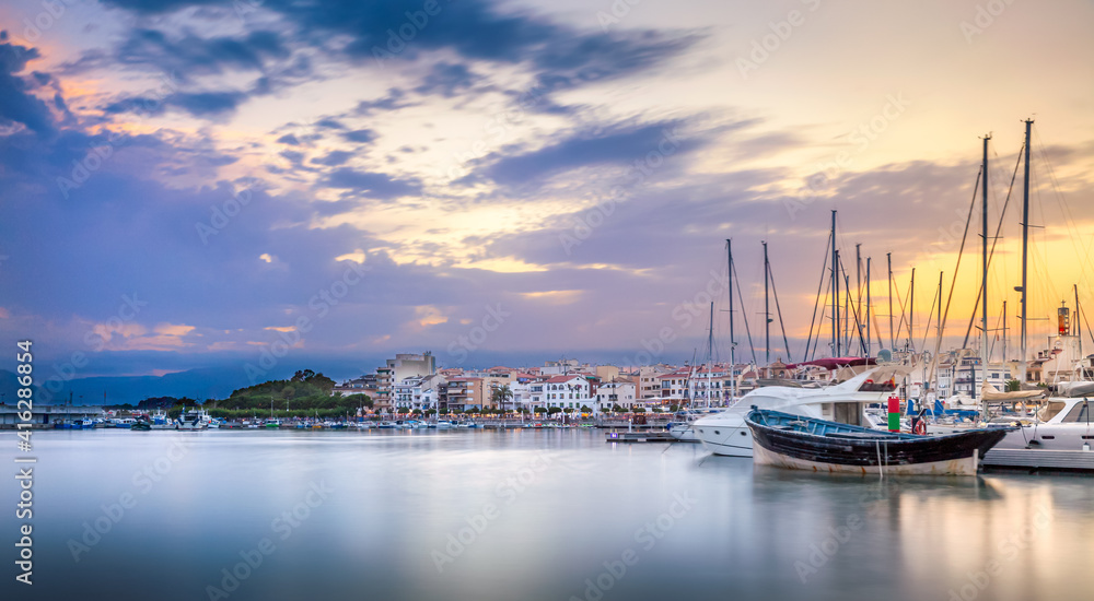 Cambrils harbour at sunset, mediterranean touristic city 