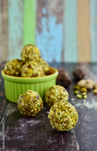 Matcha date cashew coconut pistachio energy balls