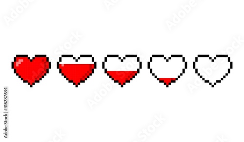 Red pixel hearts with a health scale isolated on white background. Pixel game 8 bit health heart life bar icons. Gaming controller vector illustration