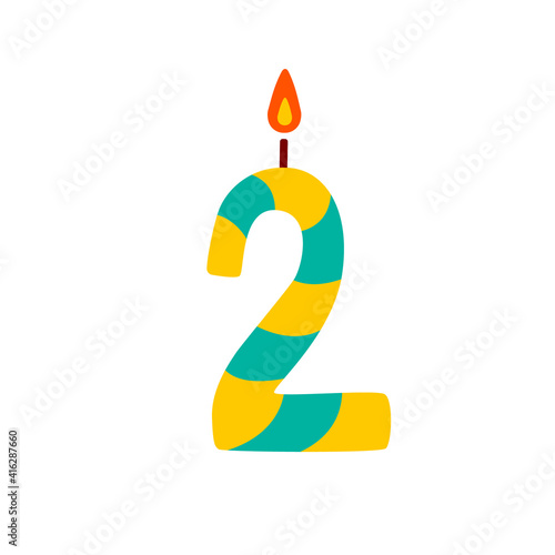 Vector candle in the form of the number two for the cake. Hand drawing of the number 2 in turquoise yellow at the top with a burning wick on a white background. Birthday illustration