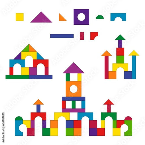 Multicolored wooden kids blocks toy details building kit set. Brick parts for the construction of a children tower, castle, house. Education toys for building and playing. Vector illustration