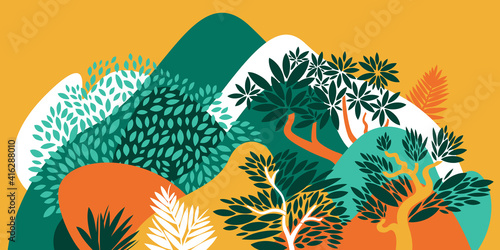 Landscape with hills, mountains and forests with broad-leaved trees. Conservation of the environment, national parks. Vector illustration. 