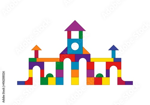 Multicolored wooden kids blocks toy details building kit. Brick parts for the construction of a children tower, castle, house. Education toys for building and playing. Vector illustration