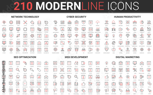 210 modern red black thin line icons set of digital marketing, human productivity, network technology, cyber security, SEO optimization, web development collection vector illustration.