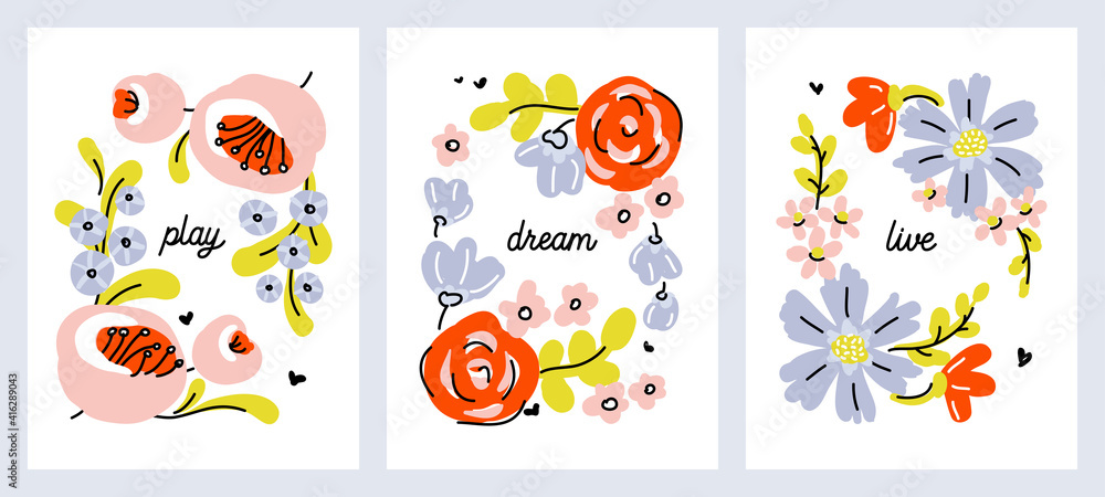 Vector illustration in simple naive style of abstract floral design with cute flowers. Pastel color blossoming plants for greeting card, poster, cover design template or social media story wallpaper