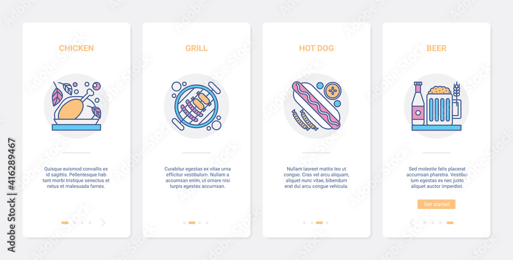 Grilled fastfood and beer drink, barbeque food cafe menu vector illustration. UX, UI onboarding mobile app page screen set with line baked chicken, bbq sausages, grill hotdog and alcohol beverage