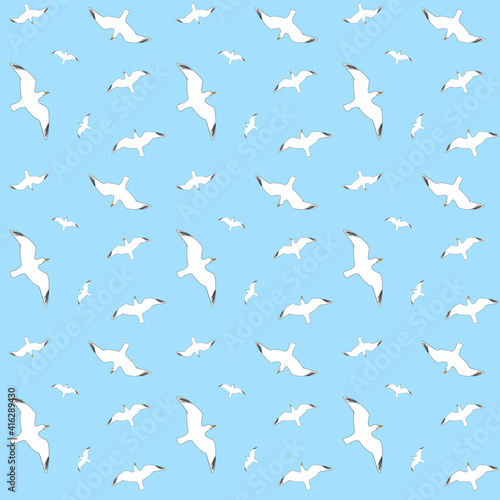 A seamless pattern of flying seagulls isolated on a light-blue background.