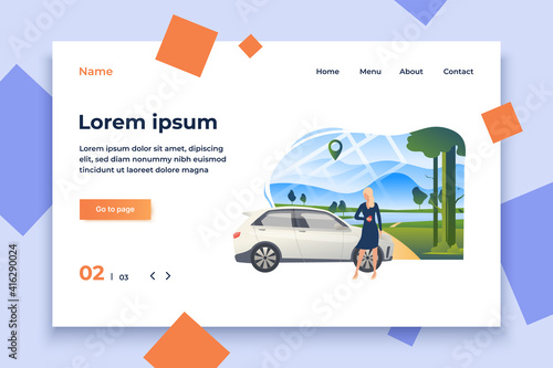 Woman standing by car with landscape in background. Transport, vehicle concept. Vector illustration can be used for topics like business, car sharing service, transportation