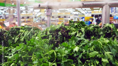 Kitchen herbs in supermarket baskets with steam irrigation system to keep vegetables fresh. The inscriptions in Russian mean: fresh mint, parsley, dill, basil, onion, cilantro. photo