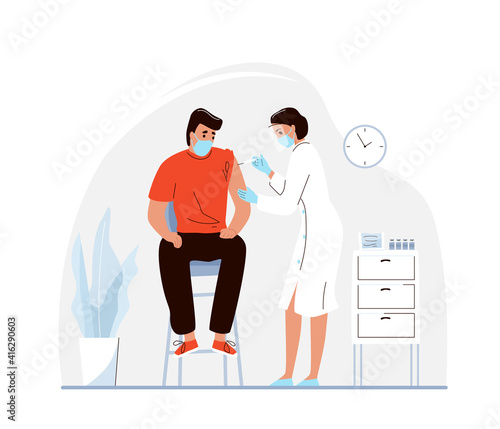 Coronavirus vaccination concept vector background. Woman doctor makes injection of flu vaccine to man patient in a clinic for immunity health. Isolated on white backdrop