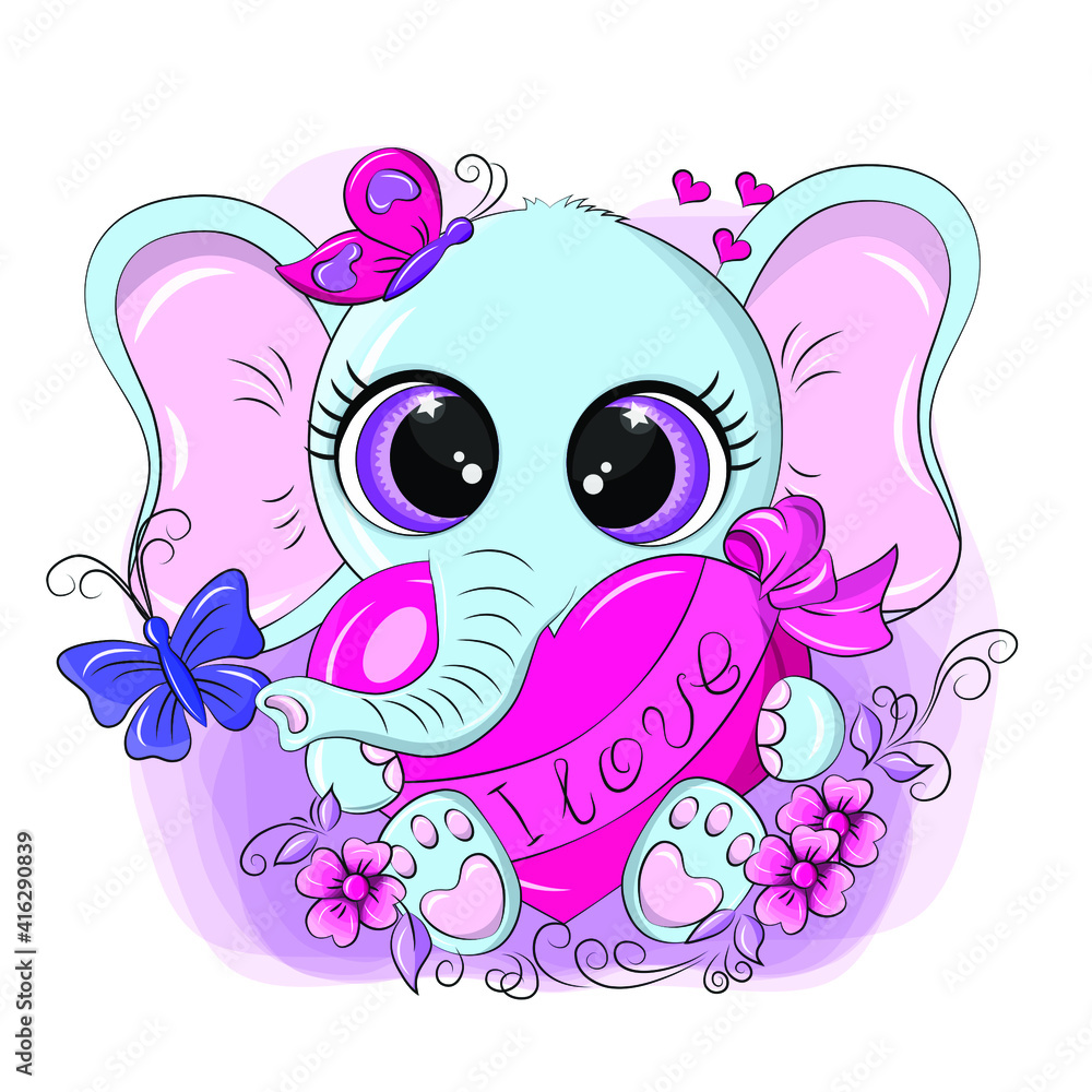 Cute elephant with a gift in his hands. A cheerful baby elephant sits ...
