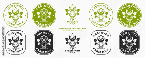 Concept for product packaging. Labeling - natural farm milk. Cow icon with milk drop and leaf-ears or leaf-wings - a symbol of a natural ingredient.. Natural organic products symbol. Vector set.	