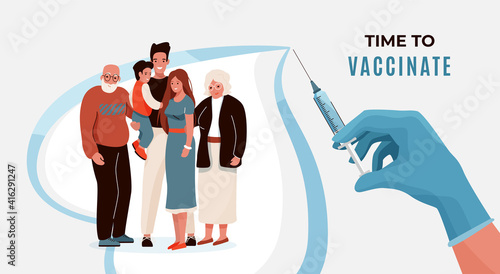 Family vaccination concept vector banner. Household with elderly and child hugging each other in heart shape background. Nurses hand holds syringe with vaccine