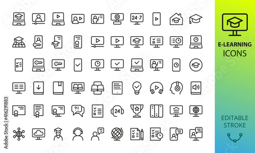 E-learning and Online Education icons set. Set of webinar, video lesson, distance lecture, online course, diploma, certificate, podcast, graduation cap, desk globe, student, knowledge base vector icon