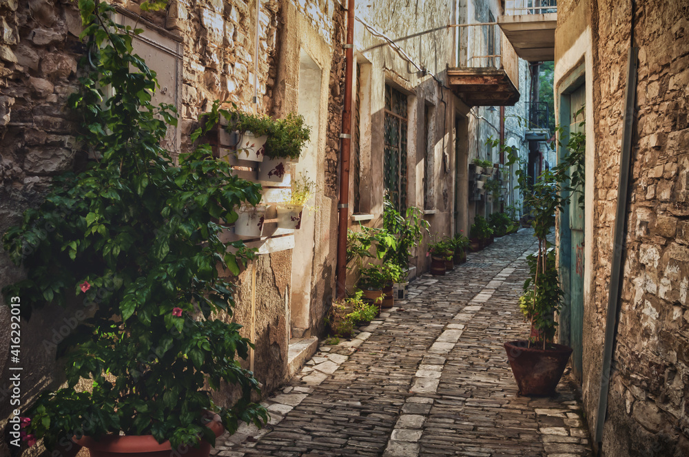 Fototapeta Quiet narrow street in an old village of Pano Lefkara. Larnaca District, Cyprus