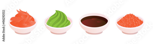 green wasabi, pickled ginger, teriyaki soy sauce, caviar in bowls. Seasoning for sushi meal. Set of traditional sushi sauce. Vector illustration isolated on white background