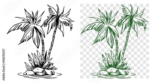 Palm tree island on the sea. Hand drawn black outline on transparent background. Vector illustration