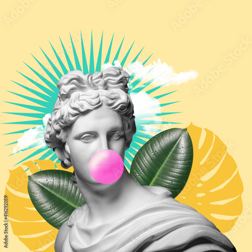 Foto Modern conceptual art colorful poster with ancient statue of bust of Apollo replica