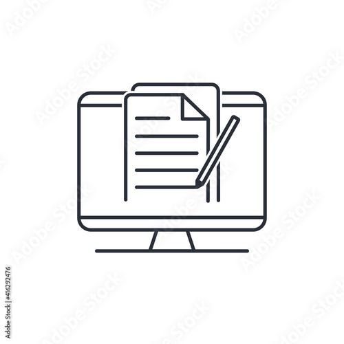 Computer, document, pencil. Online education, distance learning, copywriting concepts, submit content, creative writing, exam preparation. Vector icon isolated on white background. 