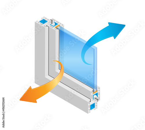 Isometric vector illustration thermal insulation plastic window frame profile isolated on white background. Cross-section diagram of a double glazed window pane UPVC profile reflecting cold and heat.