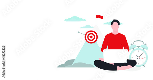 Self-discipline and time management concept. Man with a laptop working or studying concepts. Vector illustration, eps 10