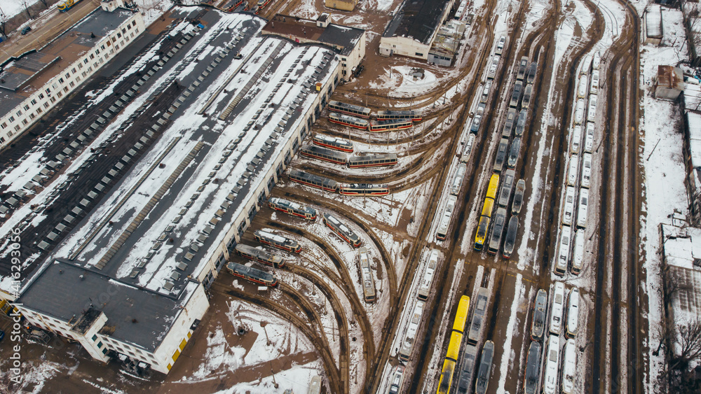 Top view aerial shot of famous Kyiv tram park covered wtih snow, Ukraine