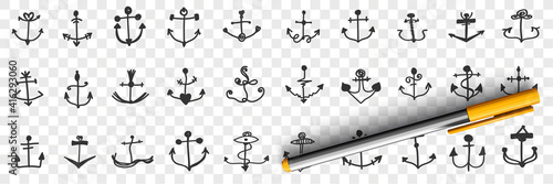Anchors for ships doodle set. Collection of hand drawn various anchors of different shapes and styles for board ships and nautical marine water vehicles isolated on transparent background