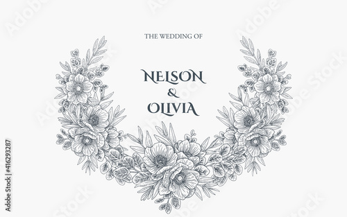 elegant black and white floral hand drawn illustration wedding invitation design template 