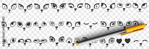 Cats eyes and noses doodle set. Collection of hand drawn cute funny eyes nose mouth faces of cats kittens in sketch manner isolated on transparent background