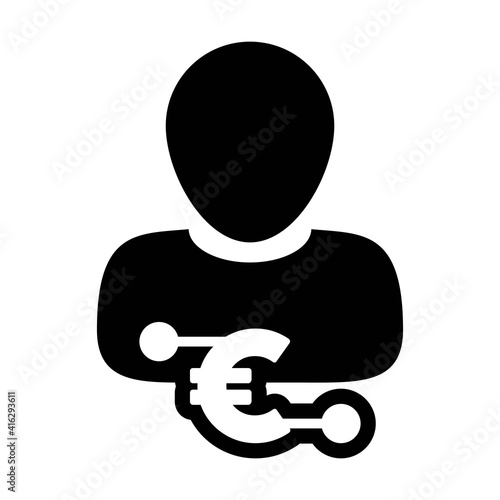 Wallet icon vector digital euro currency with male user person profile avatar for digital transaction in a glyph pictogram illustration