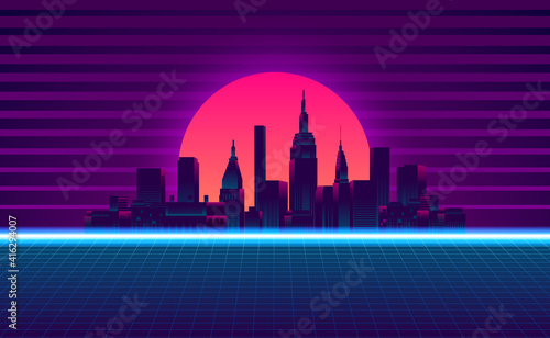 big city urban silhouette skyscraper building sunset neon blue pink purple color retro 80s vintage style
