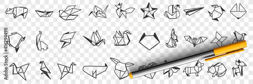 Origami decorative papers doodle set. Collection of hand drawn various shapes of japanese art of paper origami handmade isolated on transparent background