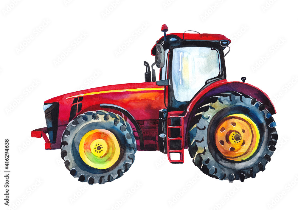 Red cute tractor . Watercolour. Print. Poster. Red cute tractor . Watercolour. Print. Poster.