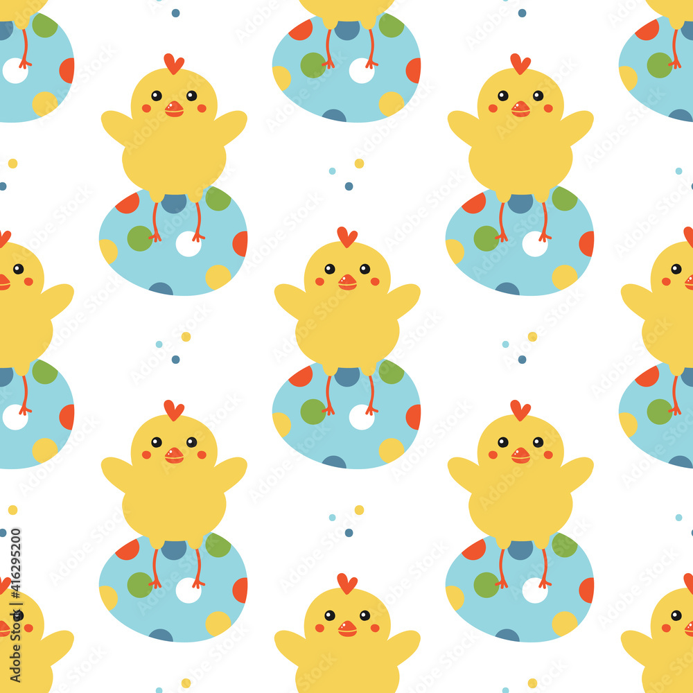 Naklejka premium Easter seamless pattern background with cute little chicken characters sitting on decorated easter eggs. 