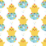Easter seamless pattern background with cute little chicken characters sitting on decorated easter eggs.

