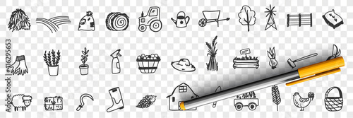 Farming tools and equipment doodle set. Collection of hand drawn tractor hay farm animals house basket harvesting sheep plants watering can shovel boots for farming isolated on transparent background