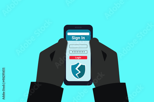 The fraudster is holding a hacked mobile phone in his hands. A hacker breaks into a users account. Online fraud. Log in with a stolen username and password. Access to users personal data. Vector