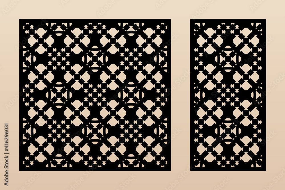 Laser cut patterns. Vector design with elegant geometric ornament in Arabesque style, abstract floral grid. Template for cnc cutting, decorative panels of wood, metal, plastic. Aspect ratio 1:1, 1:2 Laser cut patterns. Vector design with elegant geometric ornament in Arabesque style, abstract floral grid. Template for cnc cutting, decorative panels of wood, metal, plastic. Aspect ratio 1:1, 1:2