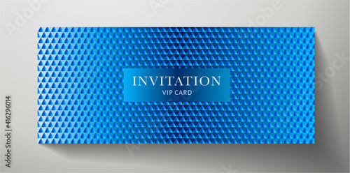 Premium VIP Invitation template with abstract blue triangle pattern (texture). Modern background design for invite, Gift certificate, Voucher, Gift card or coupon