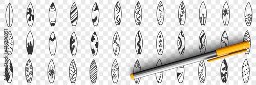 Surfboard and puddle board doodle set. Collection of hand drawn boards with various patterns for surfing and paddle boarding on water in summer sport equipment isolated on transparent background