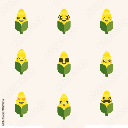 Corn character flat design vector illustration . Cute funny corn in cartoon kawai style. Vector isolate on color background