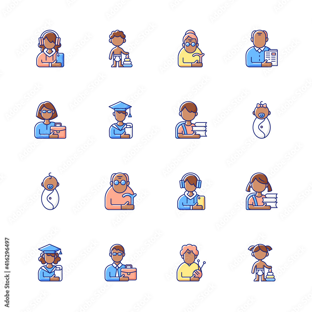 Fototapeta premium Different age and gender groups RGB color icons set. Aging process. Child development. Adolescent years. Teenager. Senior citizen. Middle-aged person. Early adulthood. Isolated vector illustrations