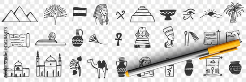 Sightseeings of Egypt doodle set. Collection of hand drawn egyptian traditional pyramids mosques pharaoh camels desert jugs flags palms for tourists during trip isolated on transparent background