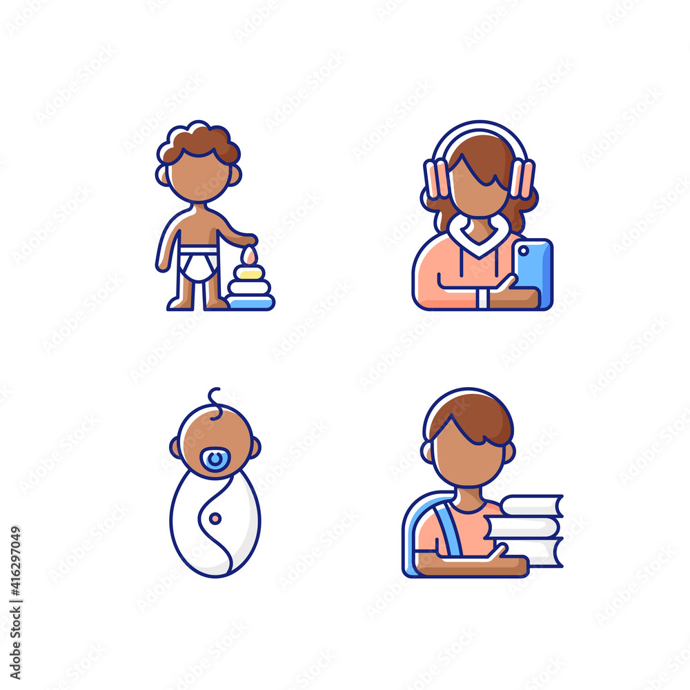 Aging process RGB color icons set. Preschooler. Female teenager. Male newborn. Schoolboy. 1-2 years old boy. Adolescent years. Baby phase. Child development. Isolated vector illustrations