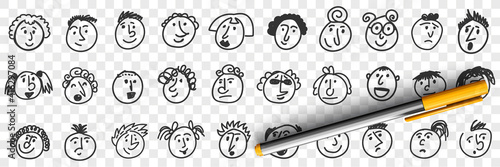 Funny children faces doodle set. Collection of hand drawn cute funny caricature girls and boys faces portrait with positive and negative facial expressions emotions isolated on transparent background