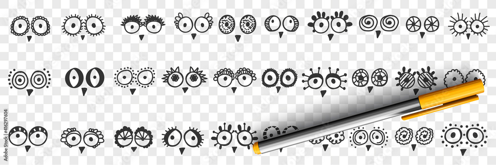 Birds eyes and beak doodle set. Collection of hand drawn cute funny round eyes and beaks of various birds in sketch manner isolated on transparent background