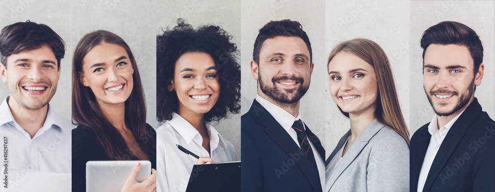 Row Of Young Business People Portraits Over Gray Backgrounds Row Of Young Business People Portraits Over Gray Backgrounds