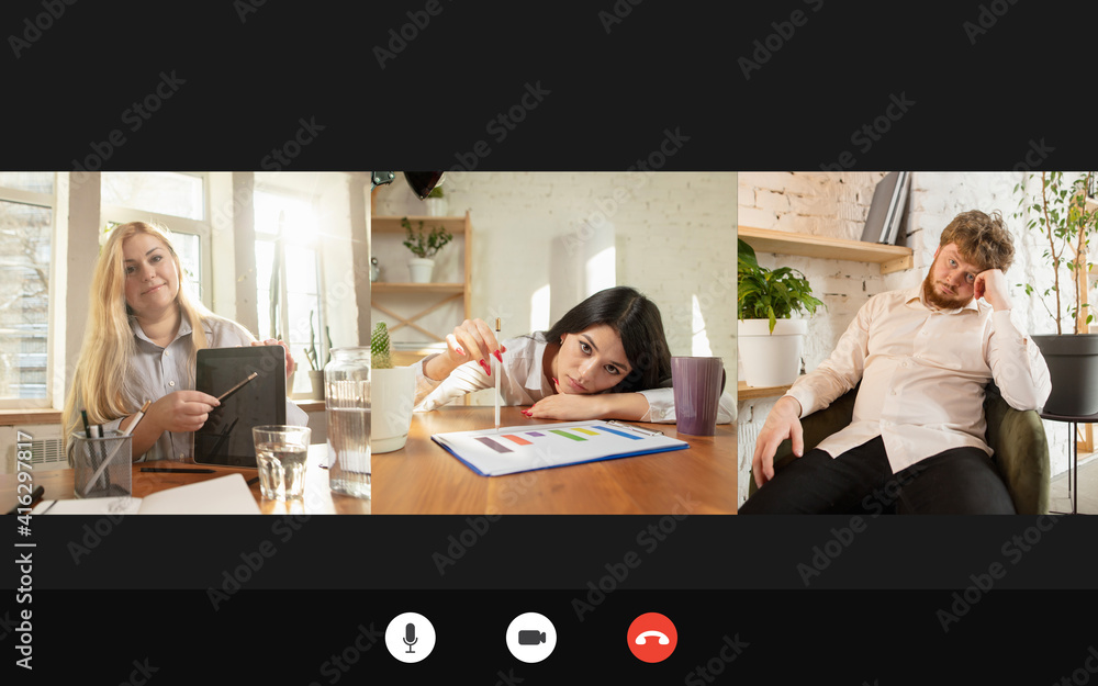 Team working by group video call share ideas brainstorming use video