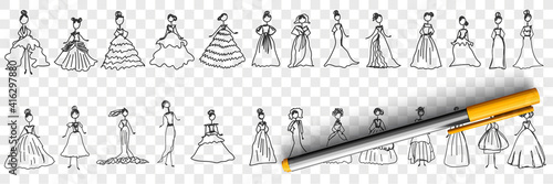 Feminine elegant dresses doodle set. Collection of hand drawn stylish fashionable elegant dresses for cocktails party wedding ball or carnival isolated on transparent background