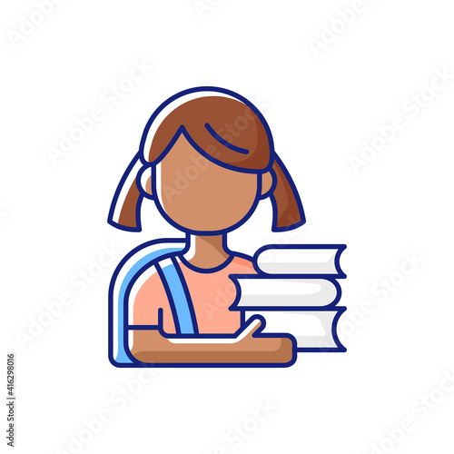 Schoolgirl RGB color icon. Physical, cognitive growth. Mental development. Elementary education. Period between infancy and adolescence. Relationship skills improvement. Isolated vector illustration